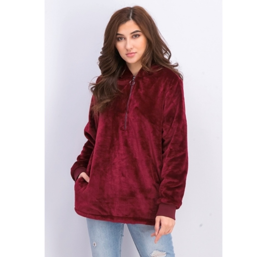 Ideology Women's Faux-Fur Quarter-Zip Hoodie Red Size: XS